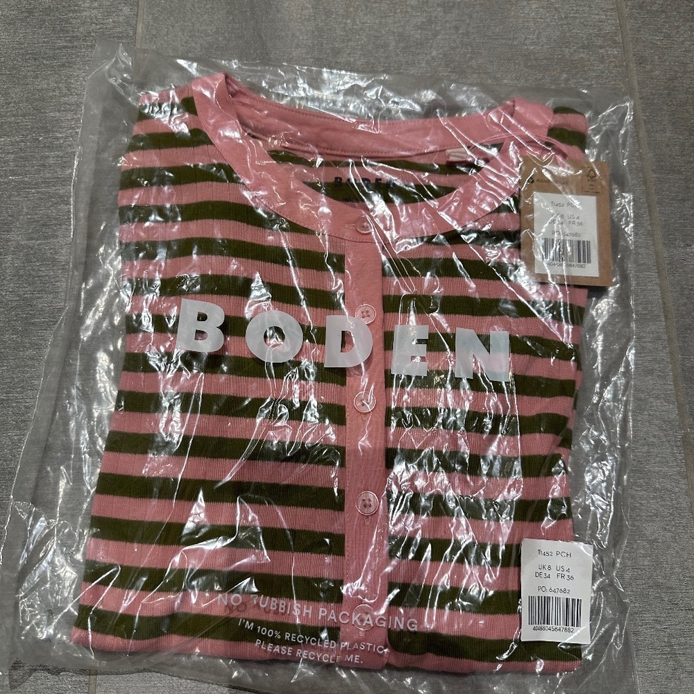 Boden Pink and Olive Striped Long Sleeve Tee